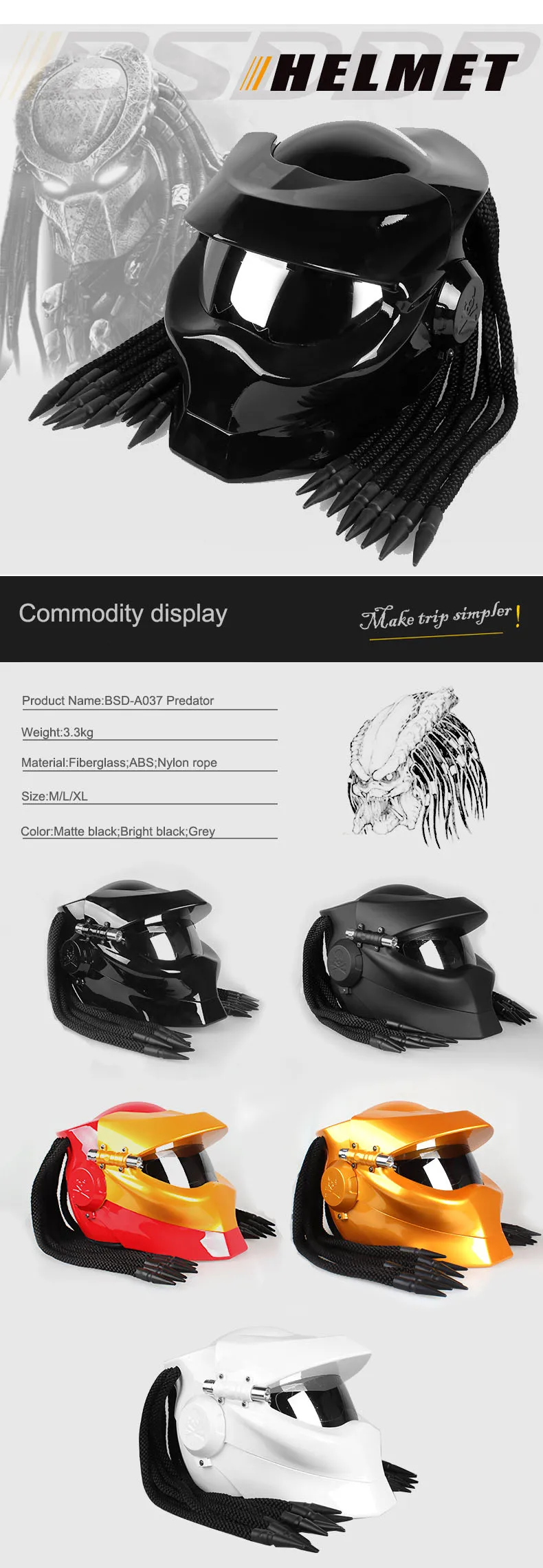 Predator Fiber glass Motorcycle Helmet Full Face Iron Warrior Man unique stylish flip up Helmet moto with LED spotlight