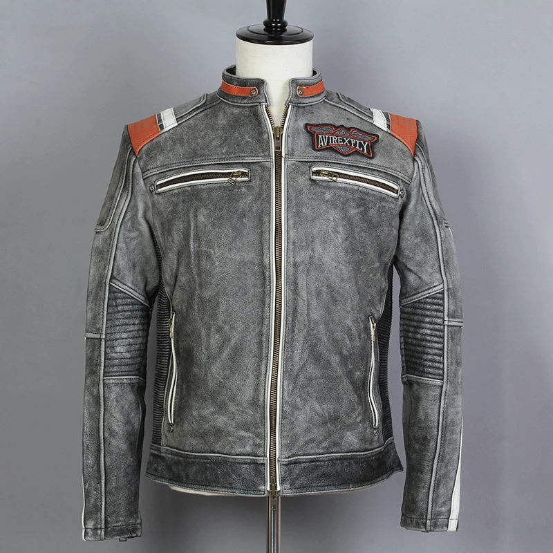 AVIREX FLY Fashion Mens Vintage Genuine Motorcycle Slim Fit Skull Leather Men Black Biker Jacket